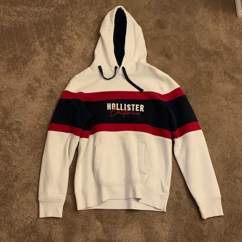Hollister Men’s Sized Medium White/Navy/Red Striped Long Sleeve Hoodie